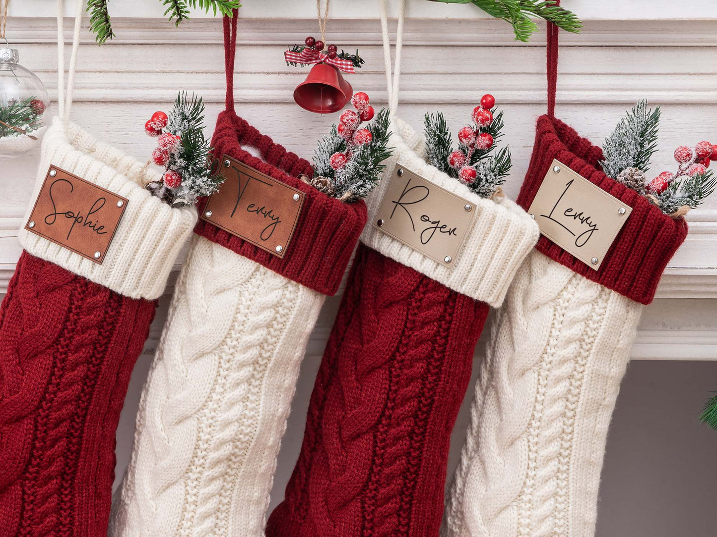 Leather Knitted Christmas Stockings Personalized Family Name Socks Holiday Stocking for Christmas Gift